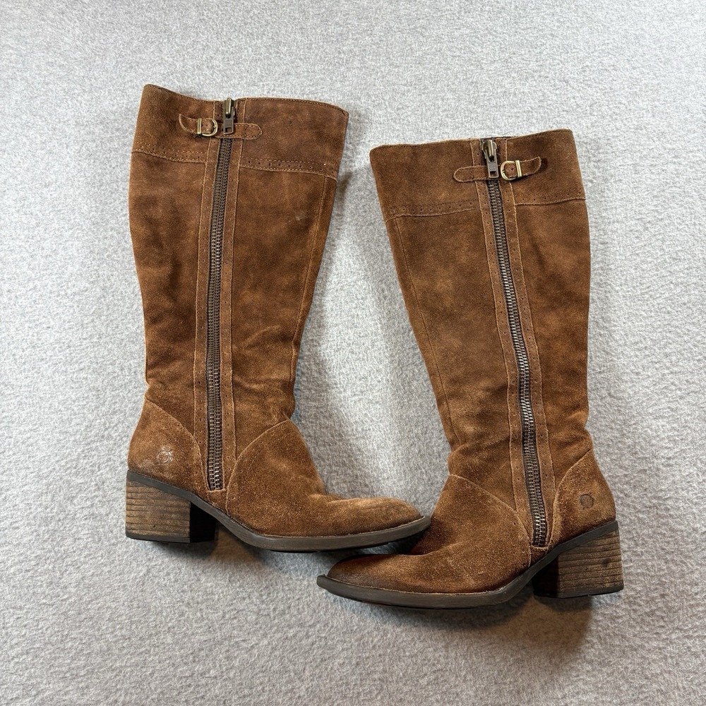Born Womens Brown Suede Leather Tall Riding Boots Zip Buckle Plaid Lined Sz 6 M